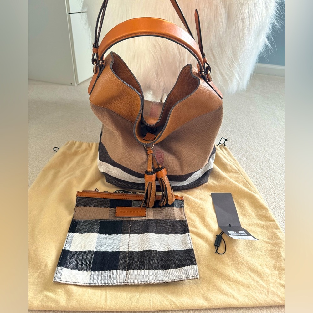 Burberry Ashby Check Canvas Tassel Hobo Bucket Bag
